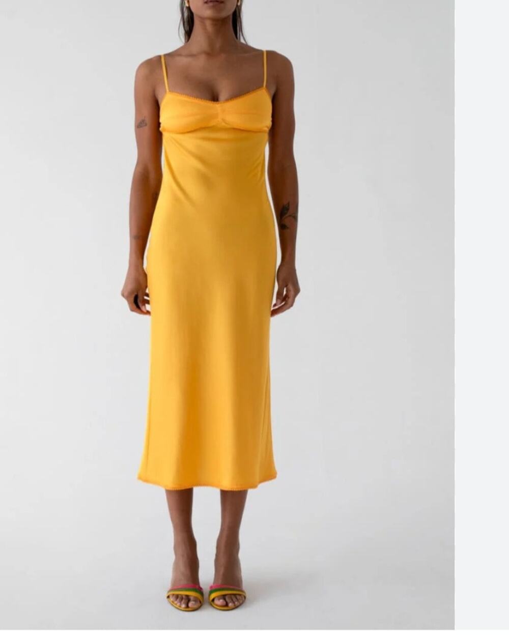 Rumored Monroe Satin Silky Midi Dress Medium M NWT Mango Orange Open Back Slip